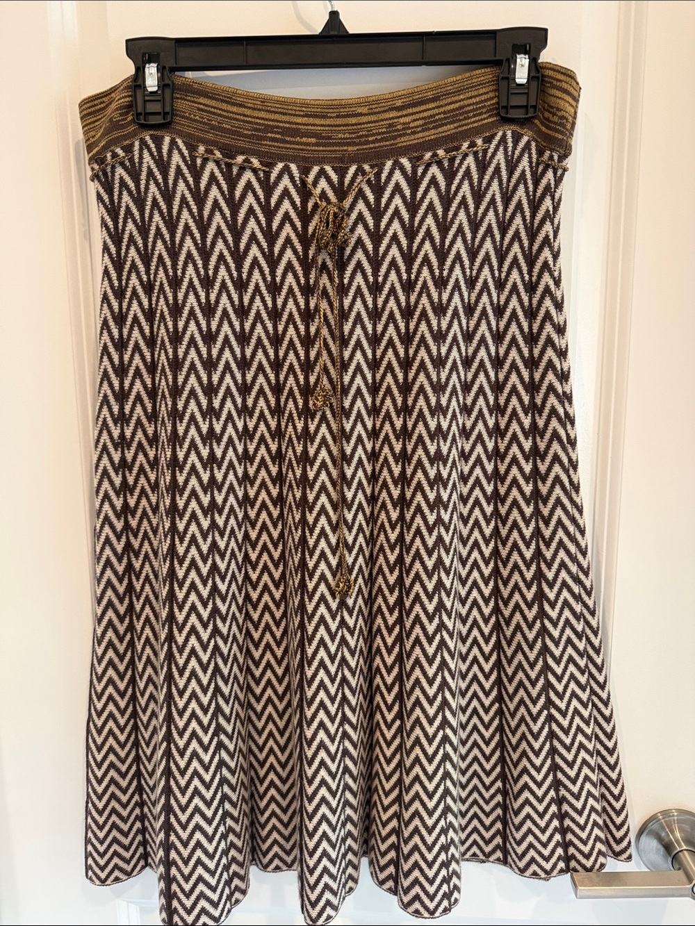 Nick & Mo Chevron Knit Midi Skirt Boho Academic Flare Brown Cream